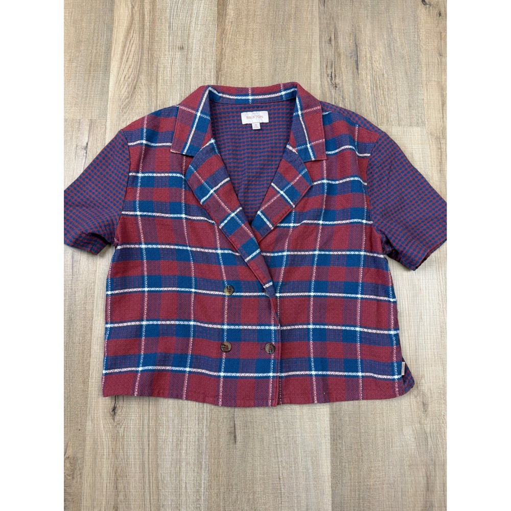 Brixton Womens Plaid Double Breasted Short Sleeve Cropped Blazer Red Blue Small